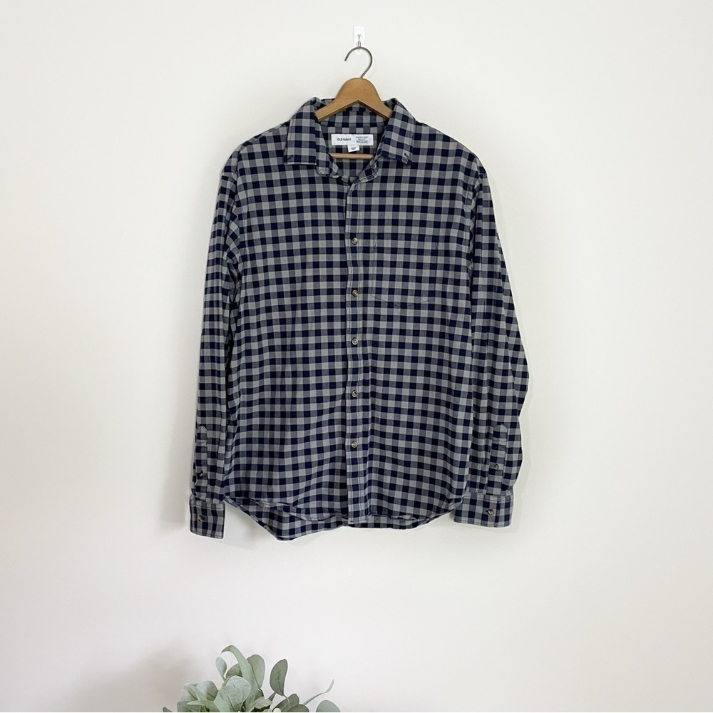 [Old Navy] Men's Navy Blue & Gray Plaid Print Long Sleeve Button Down Shirt